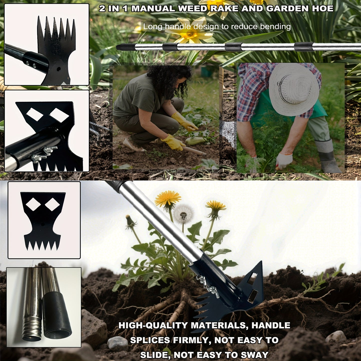 2-in-1 Weed Puller & Garden Hoe Tool - Heavy-Duty Metal Adjustable Long Handle (16.54-59.06inch) for Effortless Weed Removal, Soil Leveling & Yard Maintenance, Weed Removal Garden Tools No Bending, Sturdy Construction