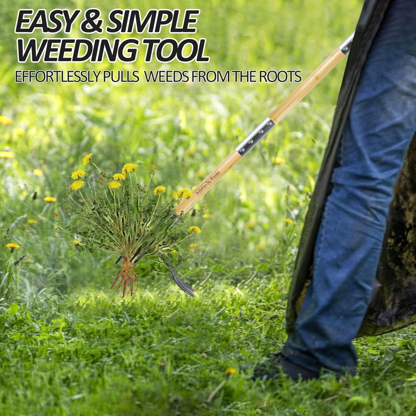 46'' Stand Up Weed Puller Tool with 4-Claw Steel Head and Bamboo Handle, No-Bend Weeder Tool for Lawn & Garden