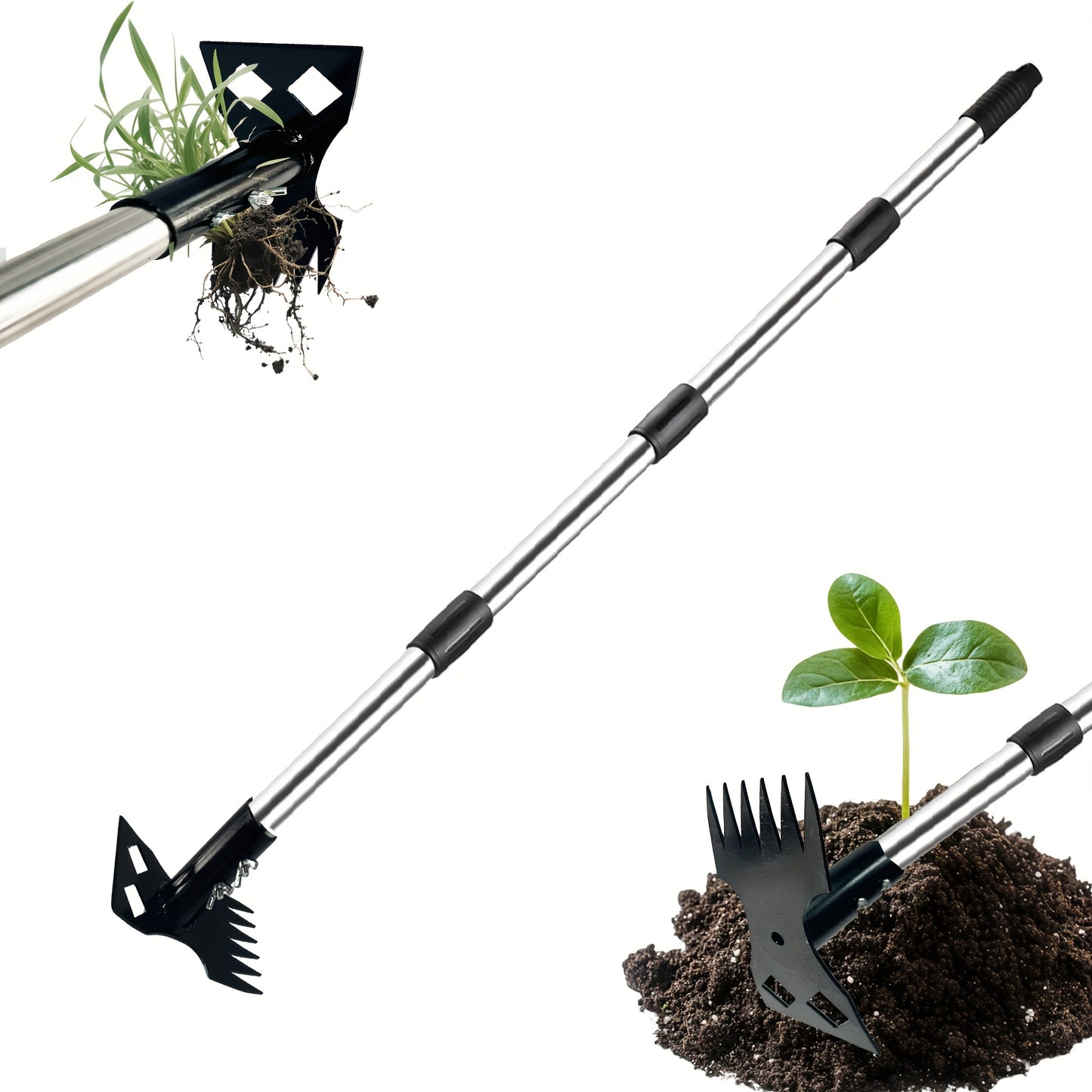 2-in-1 Weed Puller & Garden Hoe Tool - Heavy-Duty Metal Adjustable Long Handle (16.54-59.06inch) for Effortless Weed Removal, Soil Leveling & Yard Maintenance, Weed Removal Garden Tools No Bending, Sturdy Construction