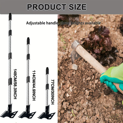 2-in-1 Weed Puller & Garden Hoe Tool - Heavy-Duty Metal Adjustable Long Handle (16.54-59.06inch) for Effortless Weed Removal, Soil Leveling & Yard Maintenance, Weed Removal Garden Tools No Bending, Sturdy Construction